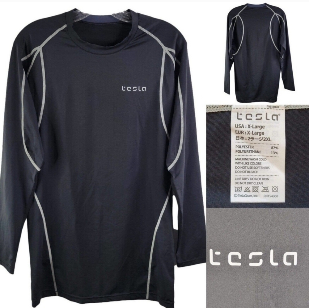 Tesla Mens Athletic Black Long Sleeve XL Shirt Logo